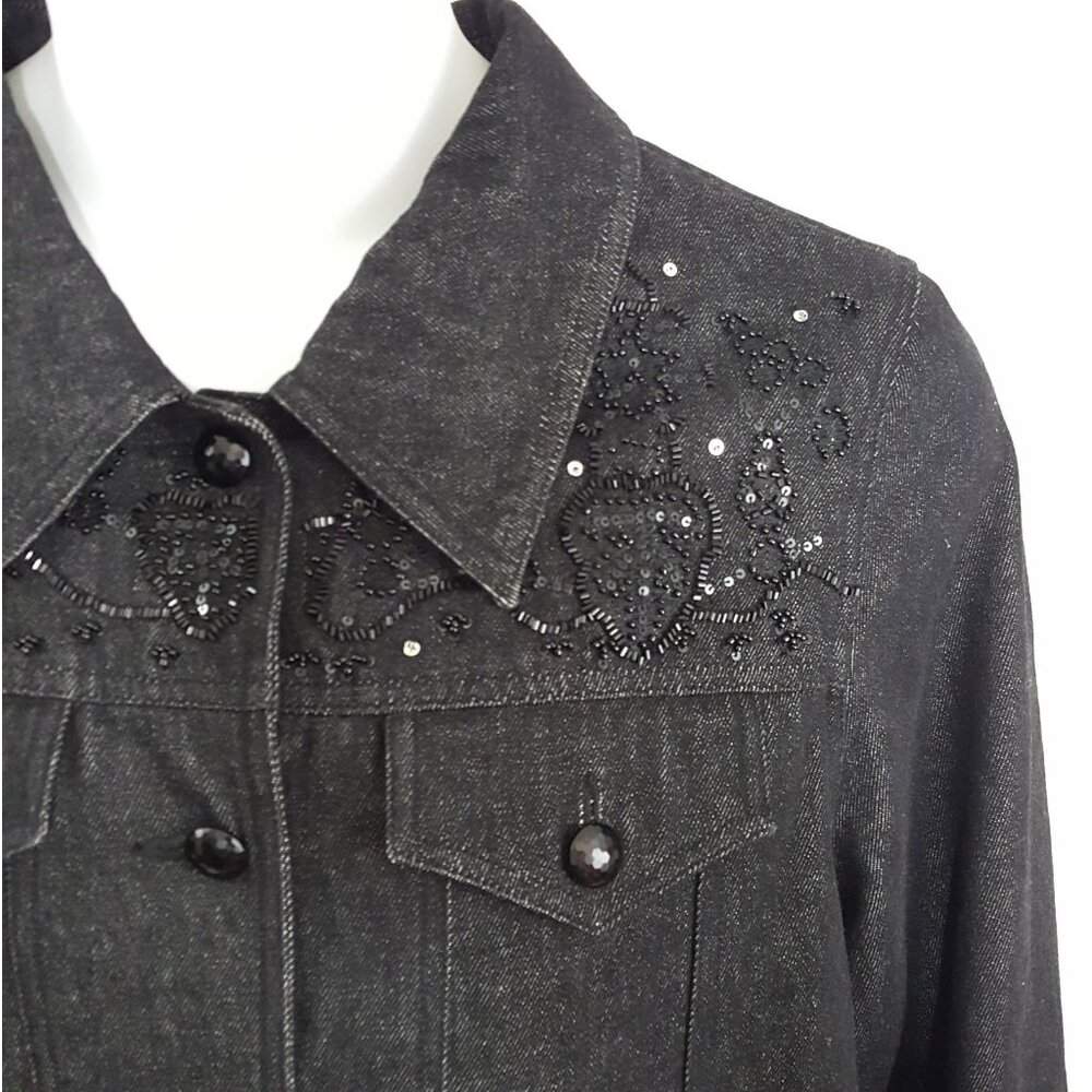 Dennis Basso Coat Denim Jean Jacket Blazer Women Large Black Beaded Sequin Bling - Picture 4 of 8